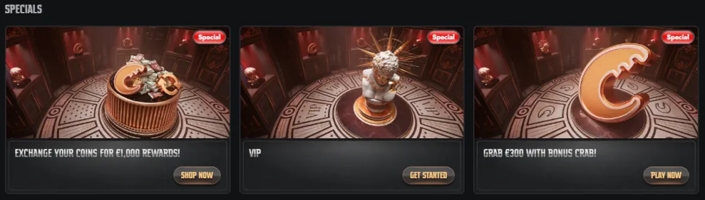 Sección de especiales de Gransino con estatus VIP y recompensas de cangrejo adicionales.